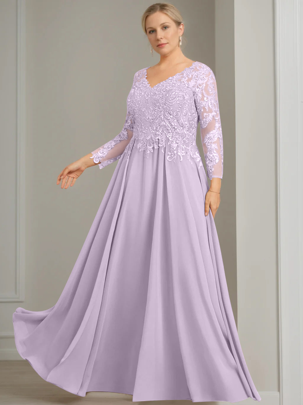 V Neck Dress With Three Quarter Sleeves Sequins Plus Size Mother Of The Bride