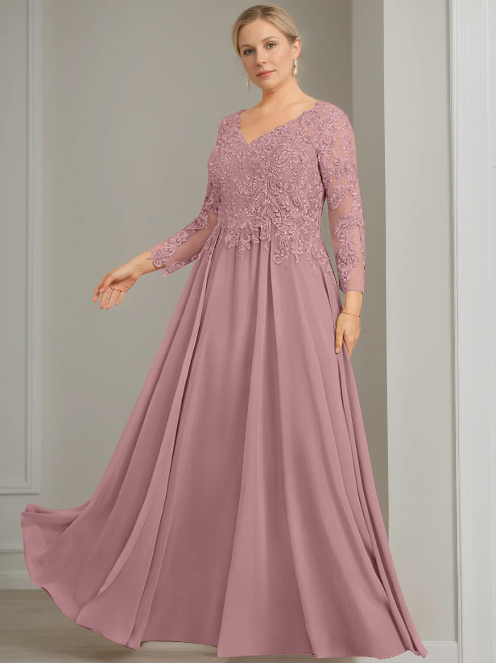 V Neck Dress With Three Quarter Sleeves Sequins Plus Size Mother Of The Bride