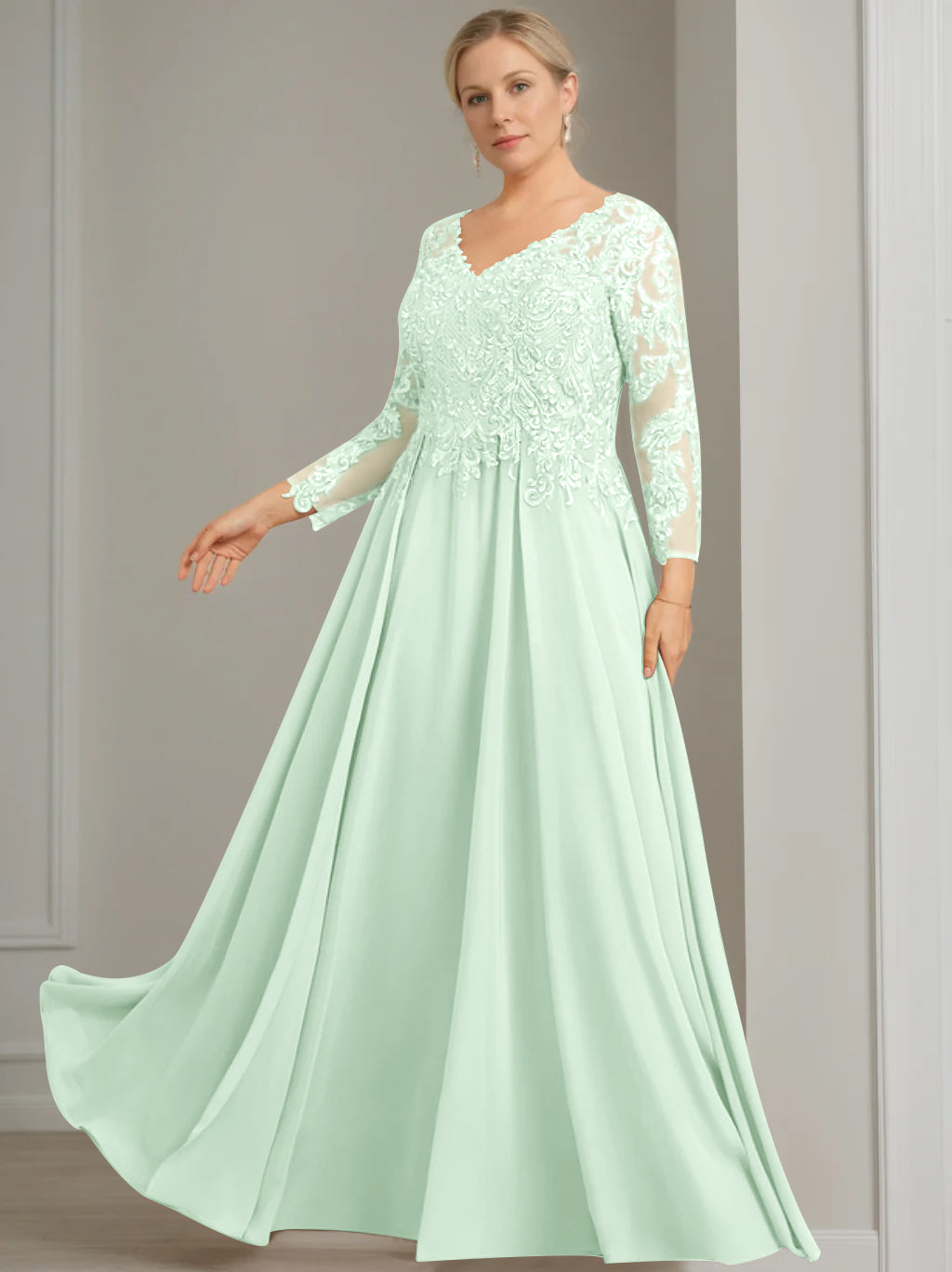 V Neck Dress With Three Quarter Sleeves Sequins Plus Size Mother Of The Bride