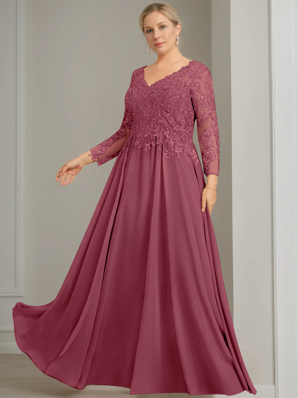 V Neck Dress With Three Quarter Sleeves Sequins Plus Size Mother Of The Bride