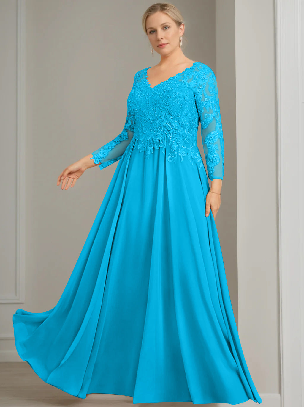 V Neck Dress With Three Quarter Sleeves Sequins Plus Size Mother Of The Bride