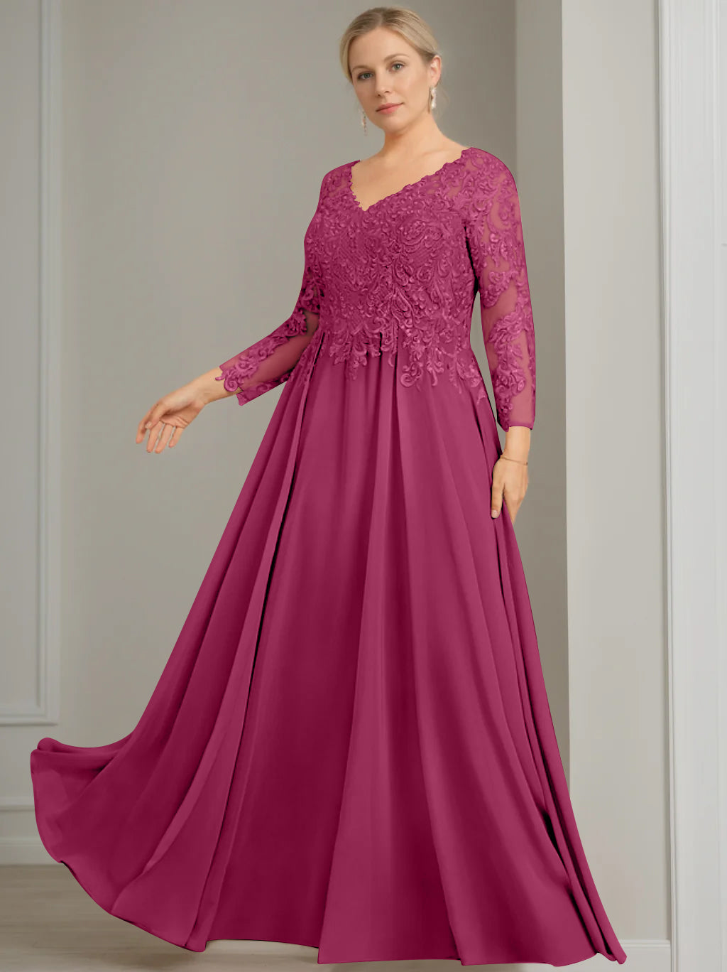 V Neck Dress With Three Quarter Sleeves Sequins Plus Size Mother Of The Bride