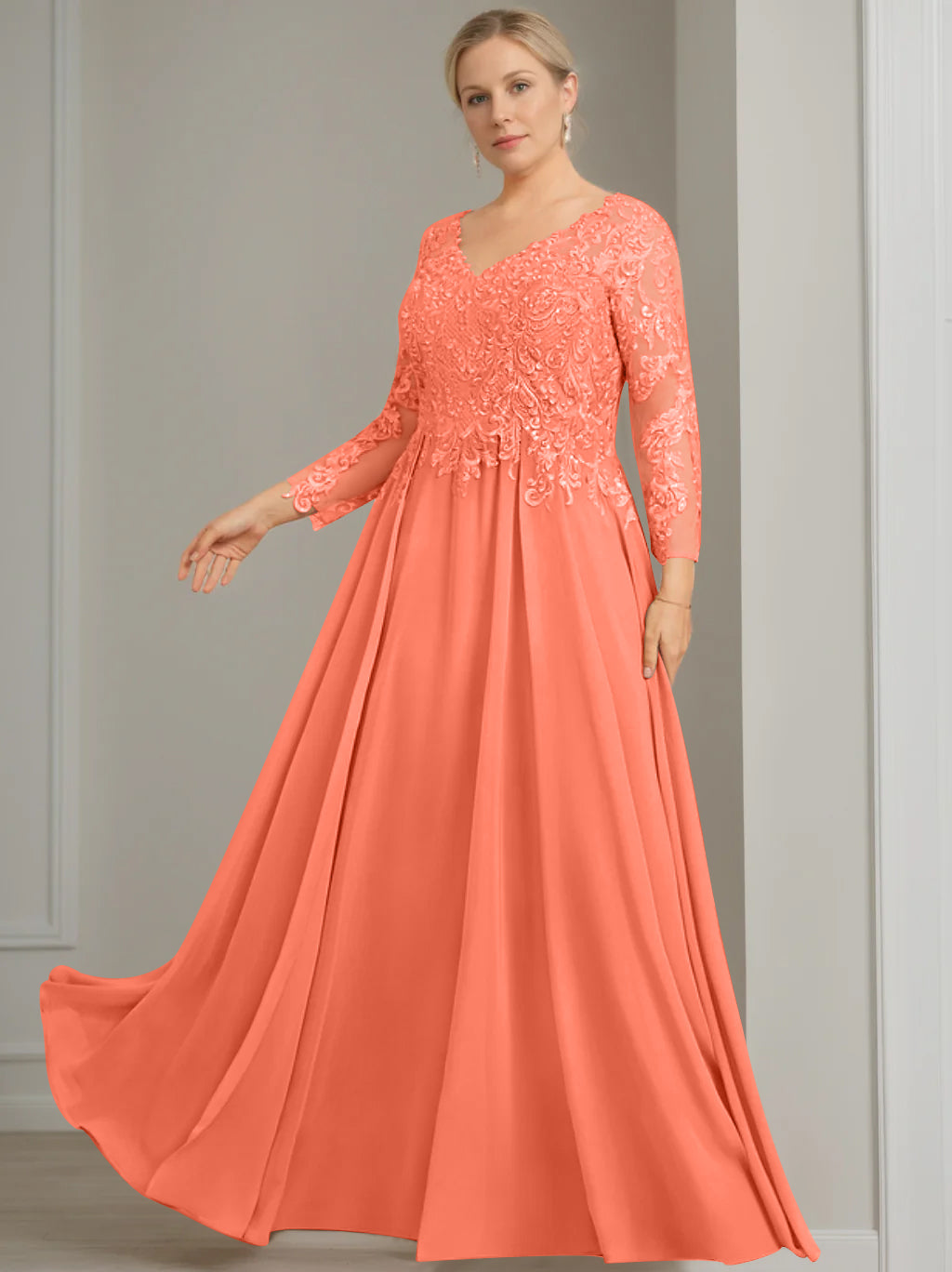V Neck Dress With Three Quarter Sleeves Sequins Plus Size Mother Of The Bride
