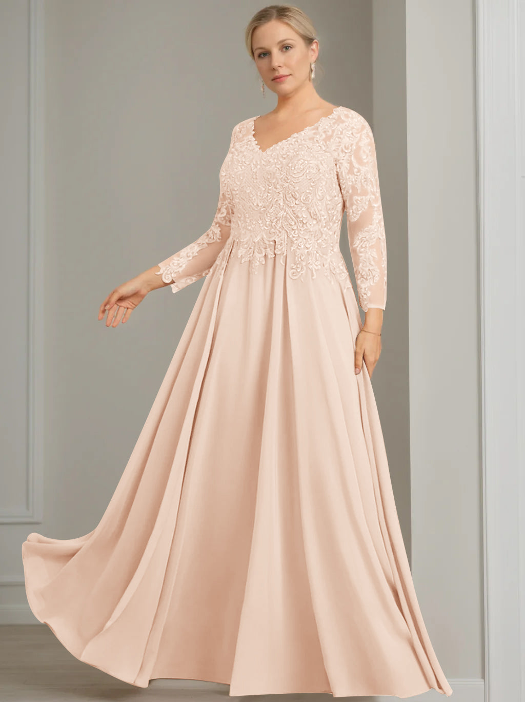 V Neck Dress With Three Quarter Sleeves Sequins Plus Size Mother Of The Bride