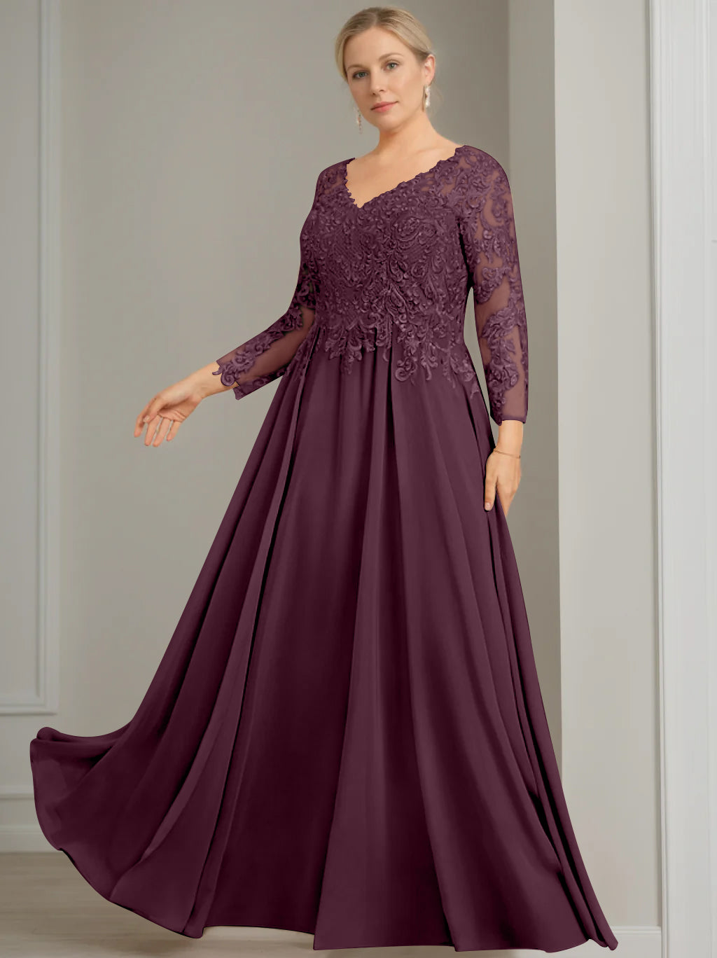 V Neck Dress With Three Quarter Sleeves Sequins Plus Size Mother Of The Bride
