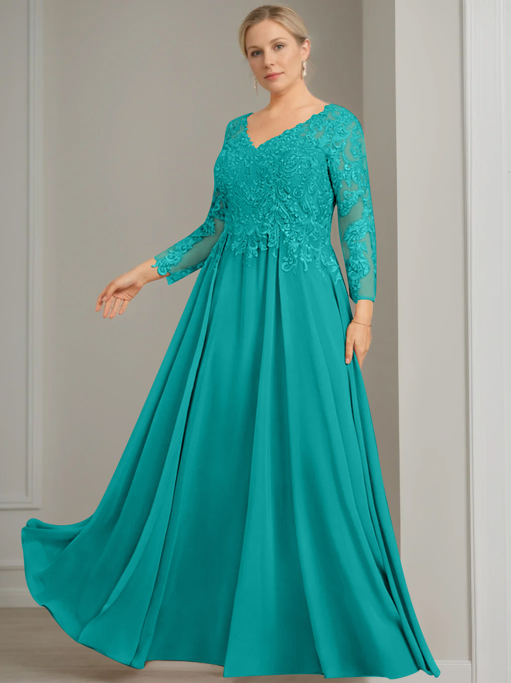 V Neck Dress With Three Quarter Sleeves Sequins Plus Size Mother Of The Bride