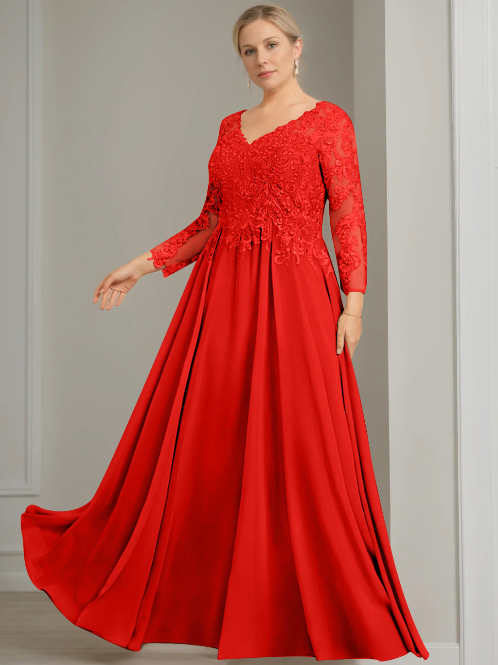 V Neck Dress With Three Quarter Sleeves Sequins Plus Size Mother Of The Bride