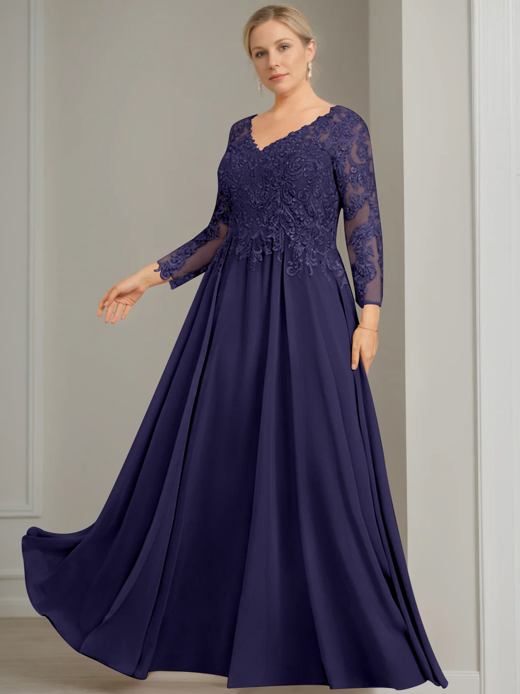 V Neck Dress With Three Quarter Sleeves Sequins Plus Size Mother Of The Bride