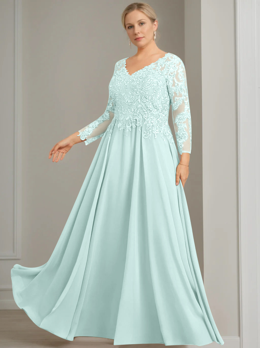 V Neck Dress With Three Quarter Sleeves Sequins Plus Size Mother Of The Bride