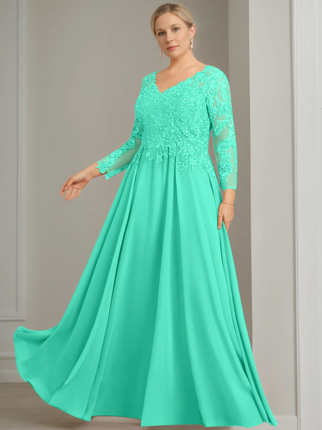 V Neck Dress With Three Quarter Sleeves Sequins Plus Size Mother Of The Bride