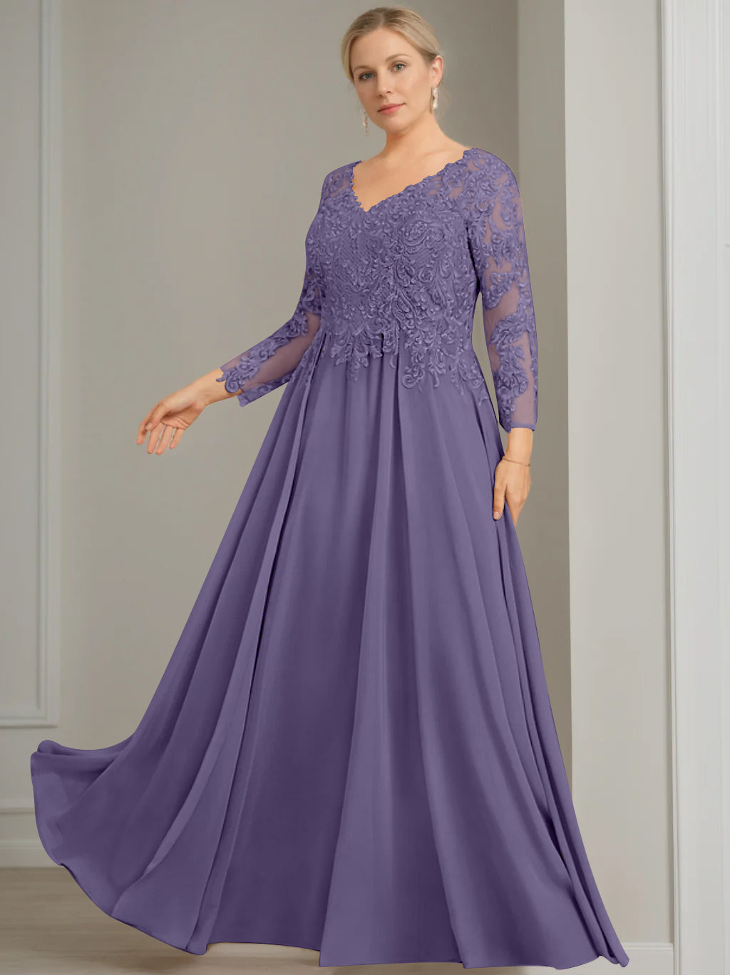 V Neck Dress With Three Quarter Sleeves Sequins Plus Size Mother Of The Bride
