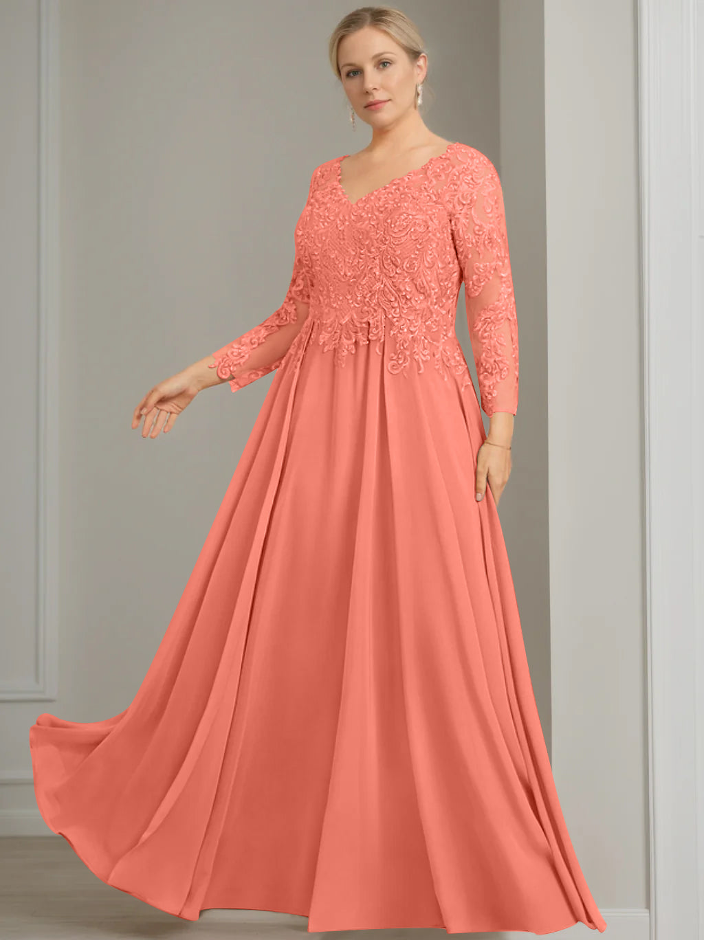 V Neck Dress With Three Quarter Sleeves Sequins Plus Size Mother Of The Bride
