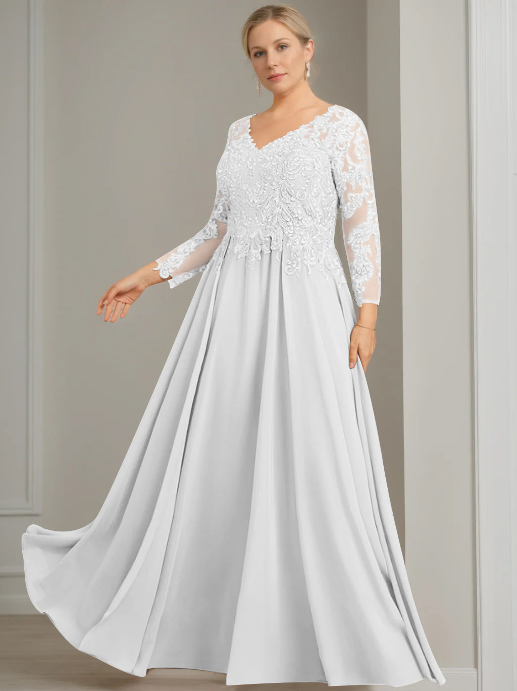 V Neck Dress With Three Quarter Sleeves Sequins Plus Size Mother Of The Bride