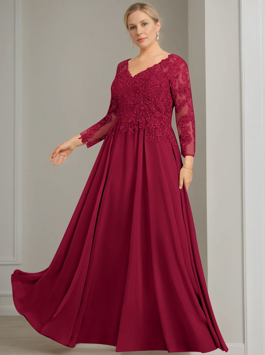 V Neck Dress With Three Quarter Sleeves Sequins Plus Size Mother Of The Bride