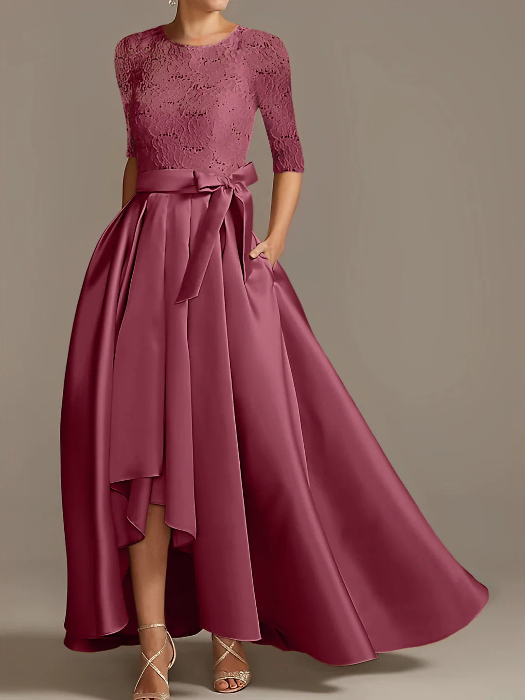 Princess A Line Floor Length Mother Of The Bride Dress Scoop Neck Half Sleeves