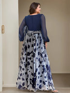 Floor-Length Floral Mother of the Bride Princess V-Neck A-Line Dress With Long Sleeves and Flower