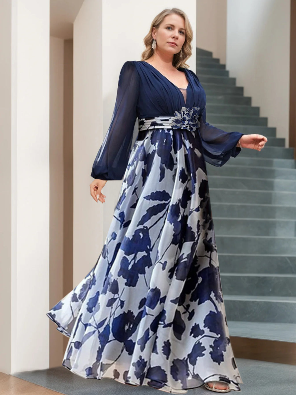 Floral Plus Size Mother Of The Bride Dress With V Neck And Long Sleeves