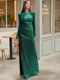 Off Shoulder Floor Length Sequined Mother Of The Bride Gown With Long Sleeves