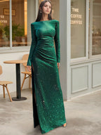 Off Shoulder Floor Length Sequined Mother Of The Bride Gown With Long Sleeves