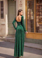 Off Shoulder Floor Length Sequined Mother Of The Bride Gown With Long Sleeves