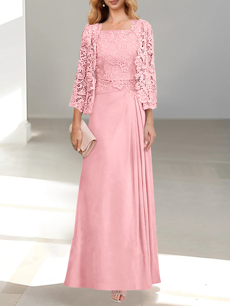 2 A-Line/Princess Scoop Mother of the Bride Dresses with Pleated & Lace Appliques Floor-Length