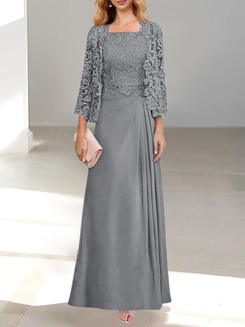 2 A-Line/Princess Scoop Mother of the Bride Dresses with Pleated & Lace Appliques Floor-Length