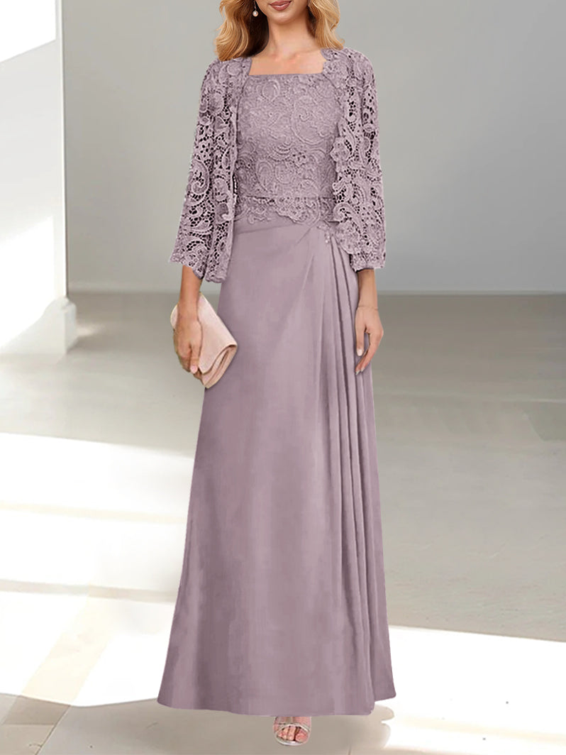 2 A-Line/Princess Scoop Mother of the Bride Dresses with Pleated & Lace Appliques Floor-Length