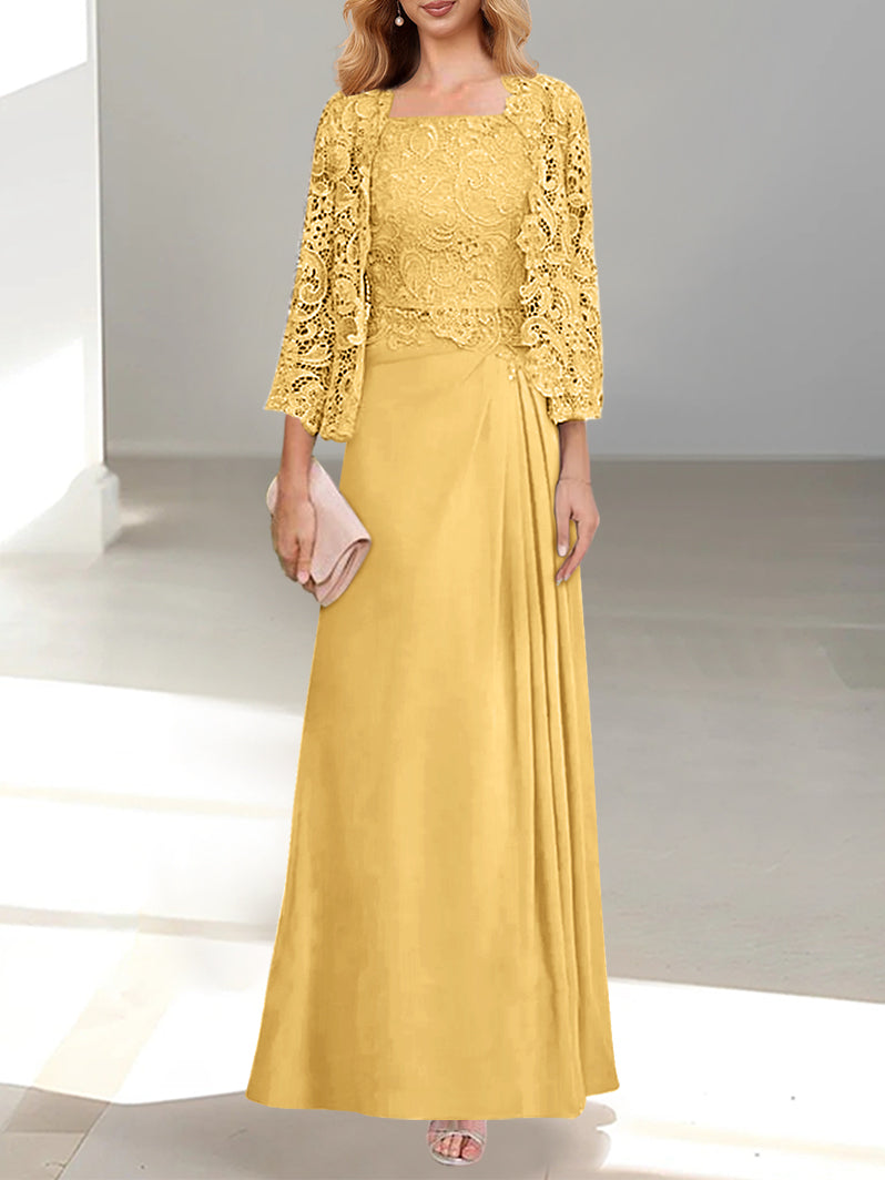 2 A-Line/Princess Scoop Mother of the Bride Dresses with Pleated & Lace Appliques Floor-Length