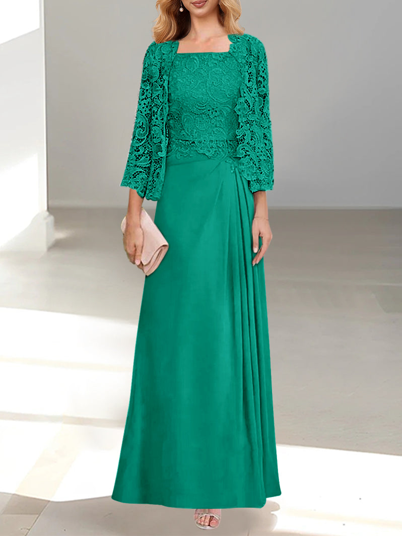 2 A-Line/Princess Scoop Mother of the Bride Dresses with Pleated & Lace Appliques Floor-Length