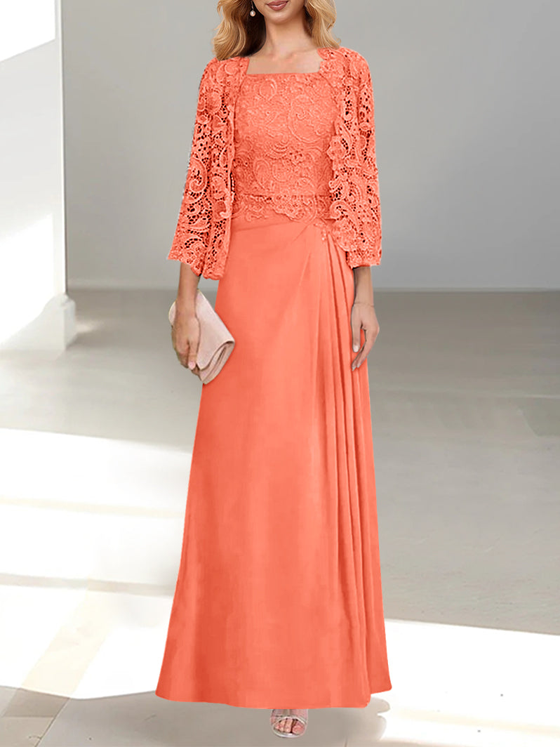 2 A-Line/Princess Scoop Mother of the Bride Dresses with Pleated & Lace Appliques Floor-Length