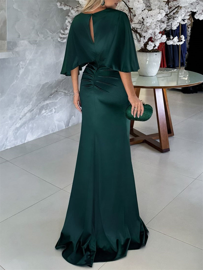 Floor Length Belted Mother of the Bride Dress With Half Sleeves Sheath Neckline