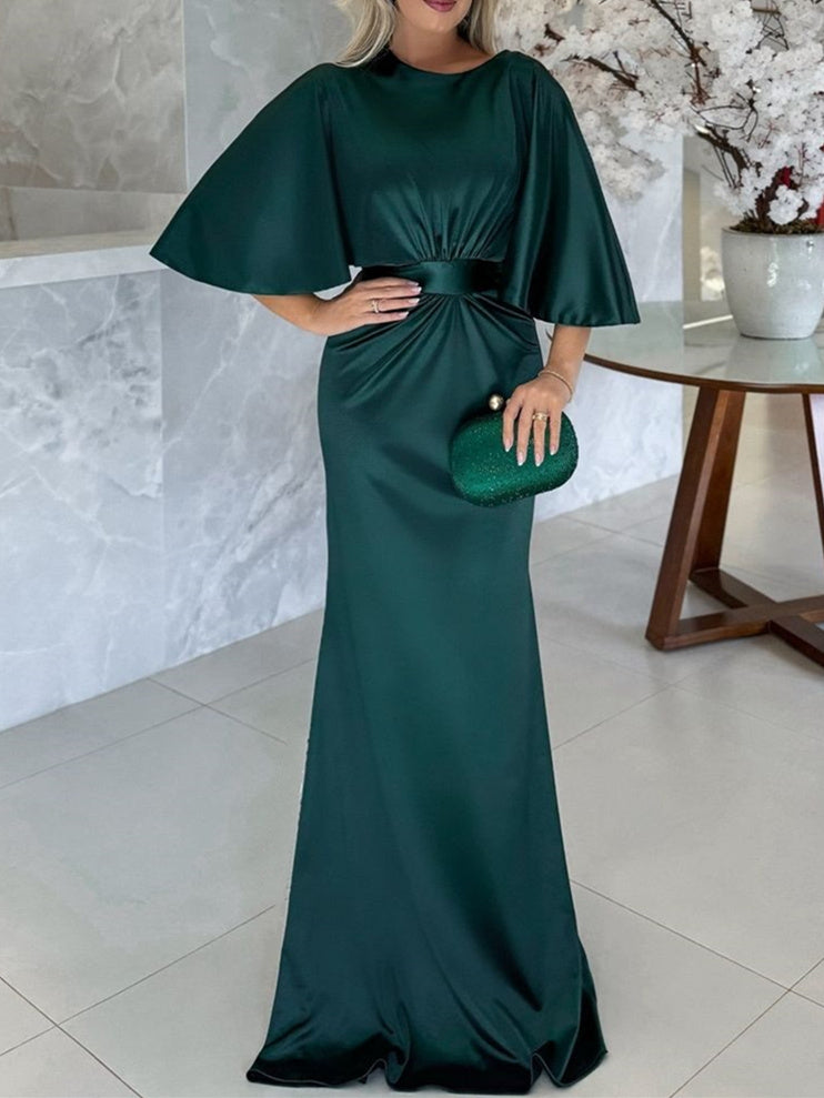 Floor Length Belted Mother of the Bride Dress With Half Sleeves Sheath Neckline
