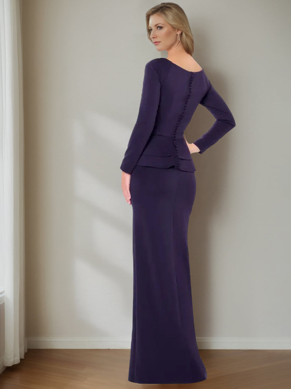 Long Sleeve Floor Length Sheath Gown Column Jewel Neck For Mother Of The Bride