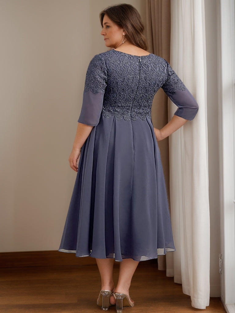 Plus Size Tea Length Mother Of The Bride Dress V Neck Three Quarter Sleeves