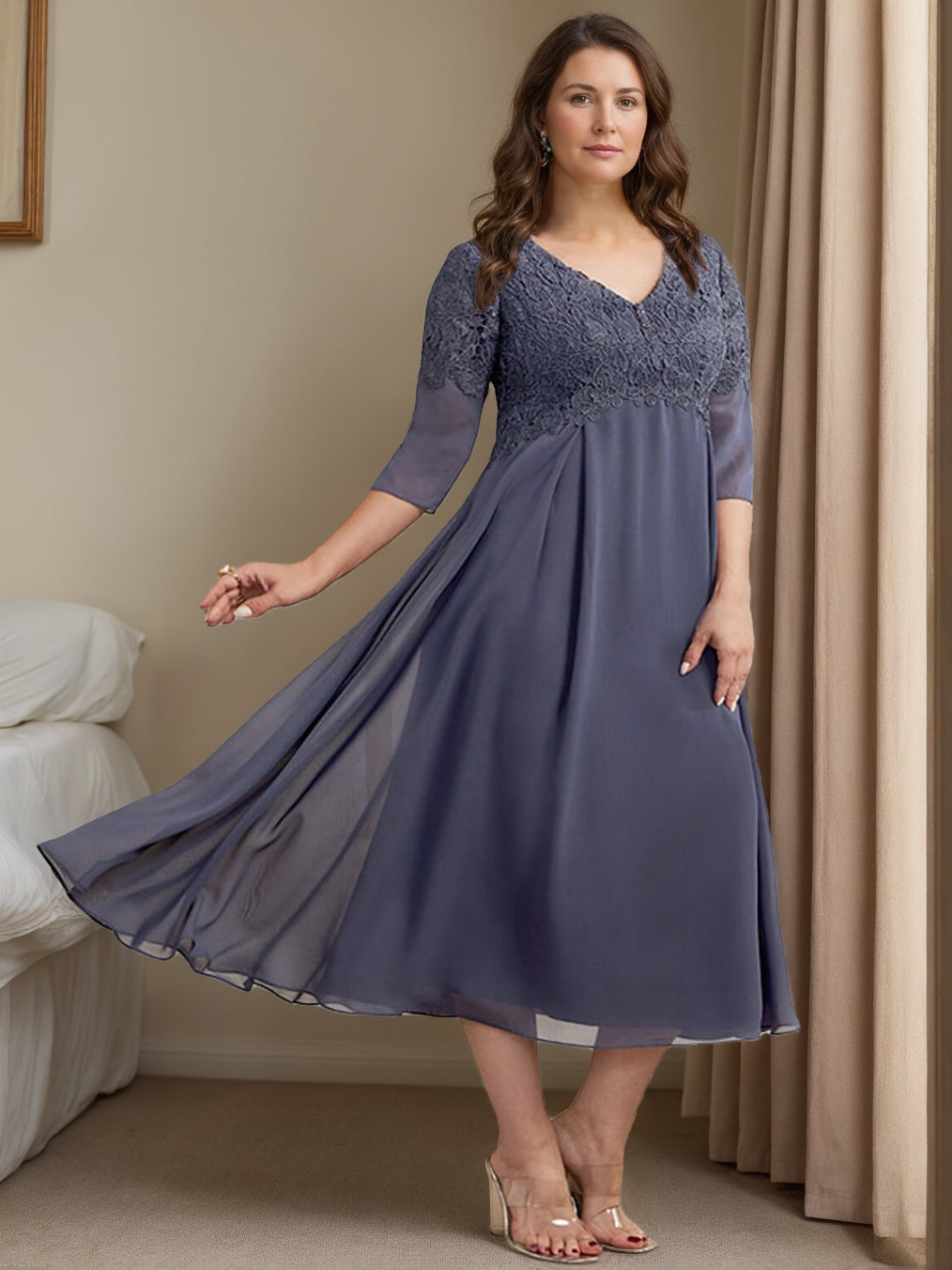 Plus Size Tea Length Mother Of The Bride Dress V Neck Three Quarter Sleeves