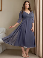 Plus Size Tea Length Mother Of The Bride Dress V Neck Three Quarter Sleeves