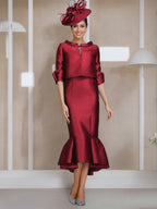 Tea Length Mother Of The Bride Dress With Jewel Neck And Button Sleeves Mermaid