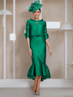 Tea Length Mother Of The Bride Dress With Jewel Neck And Button Sleeves Mermaid