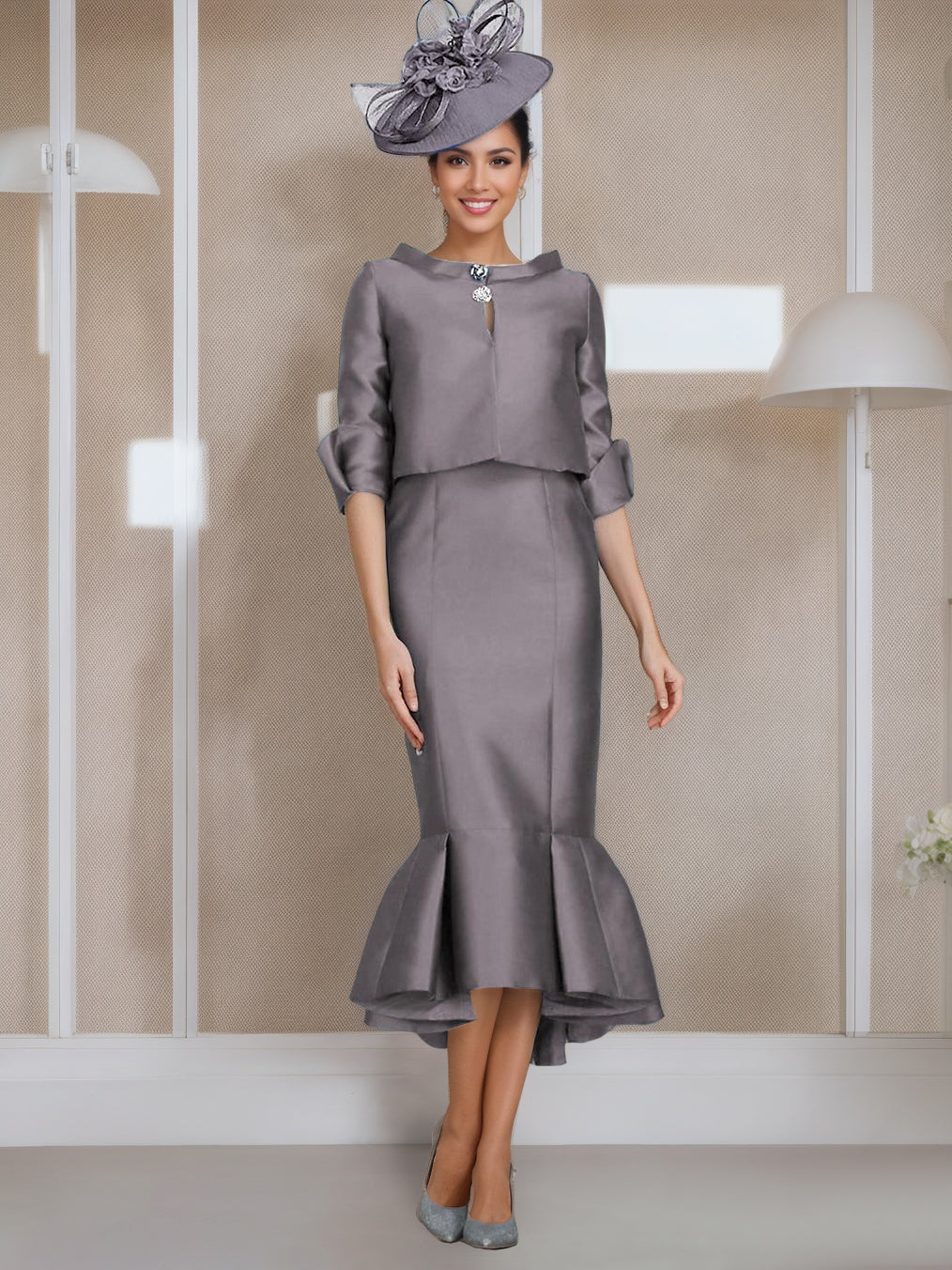 Tea Length Mother Of The Bride Dress With Jewel Neck And Button Sleeves Mermaid