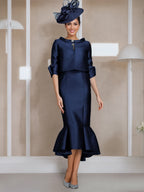 Tea Length Mother Of The Bride Dress With Jewel Neck And Button Sleeves Mermaid