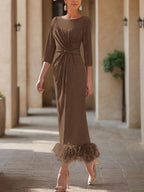 Elegant Feathered Scoop Neck Ankle Length Dress For Mothers Of The Bride