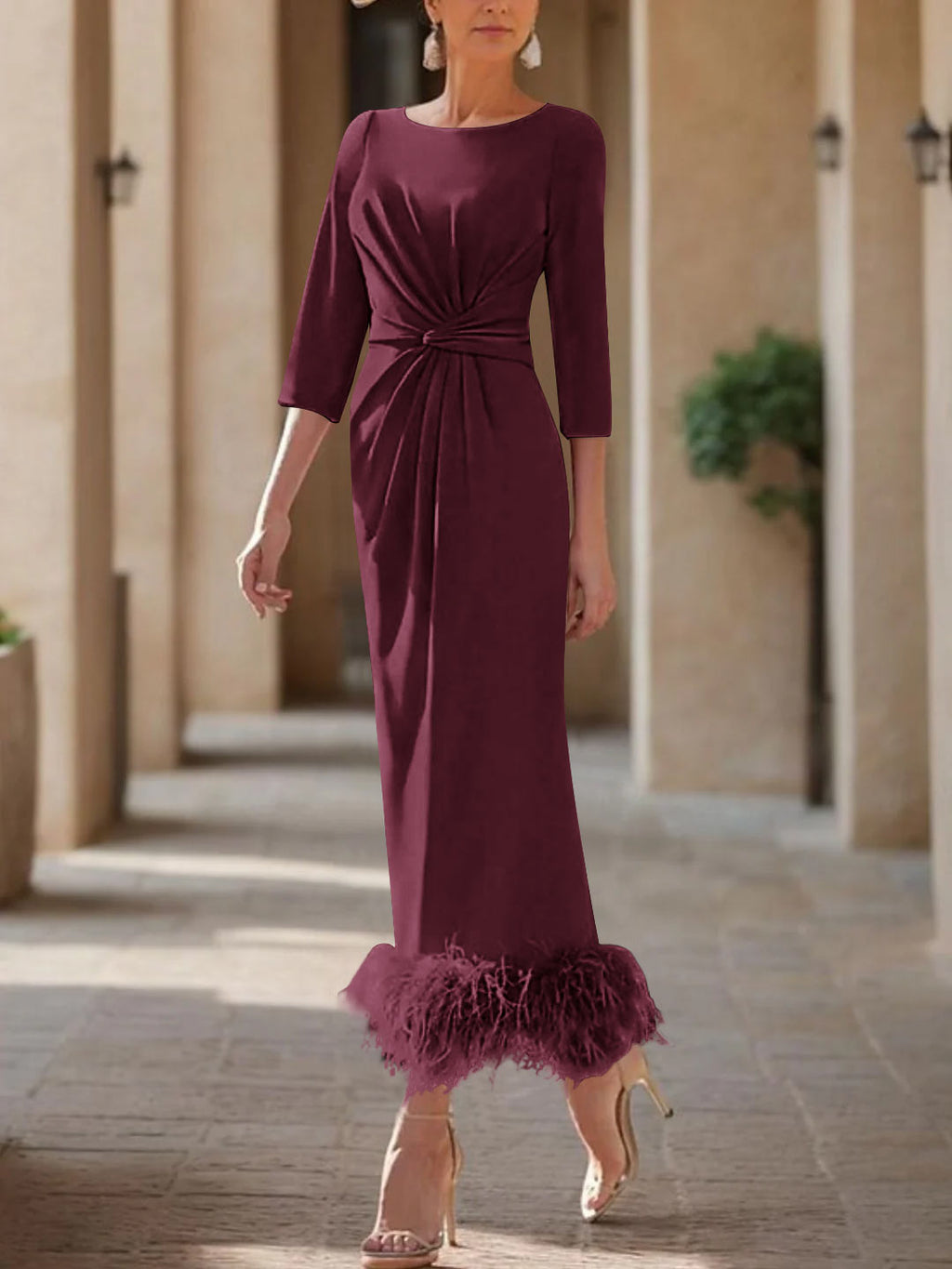Elegant Feathered Scoop Neck Ankle Length Dress For Mothers Of The Bride