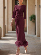 Elegant Feathered Scoop Neck Ankle Length Dress For Mothers Of The Bride