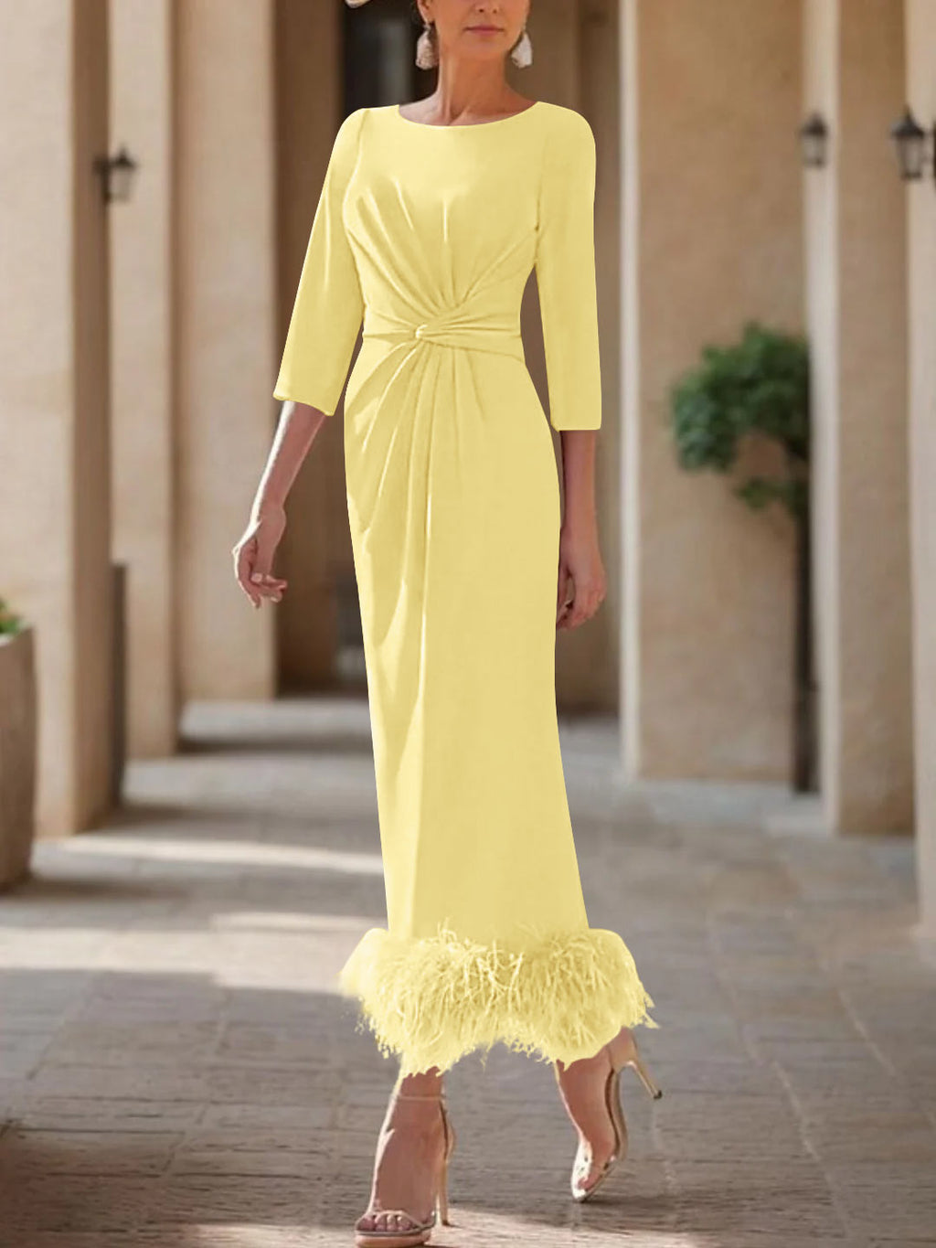 Elegant Feathered Scoop Neck Ankle Length Dress For Mothers Of The Bride