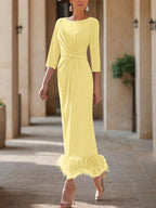 Elegant Feathered Scoop Neck Ankle Length Dress For Mothers Of The Bride