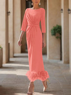 Elegant Feathered Scoop Neck Ankle Length Dress For Mothers Of The Bride