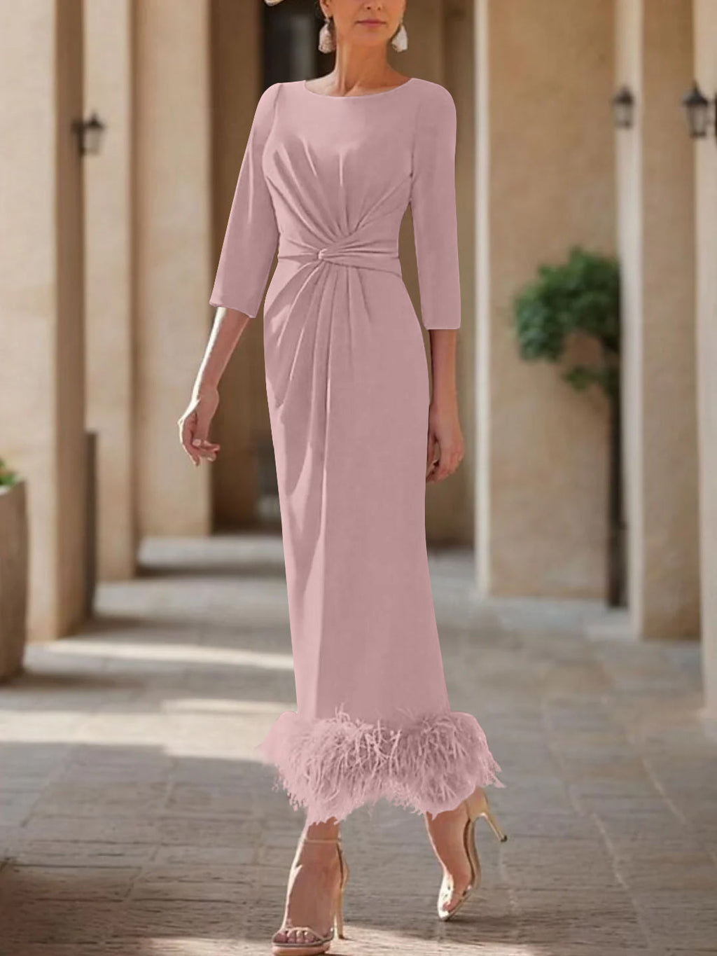 Elegant Feathered Scoop Neck Ankle Length Dress For Mothers Of The Bride