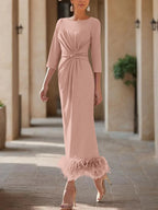 Elegant Feathered Scoop Neck Ankle Length Dress For Mothers Of The Bride