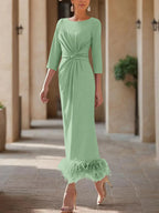 Elegant Feathered Scoop Neck Ankle Length Dress For Mothers Of The Bride