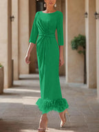 Elegant Feathered Scoop Neck Ankle Length Dress For Mothers Of The Bride